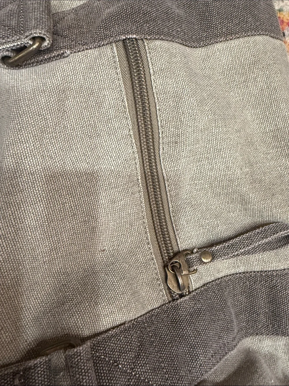 Gray canvas duffle bag